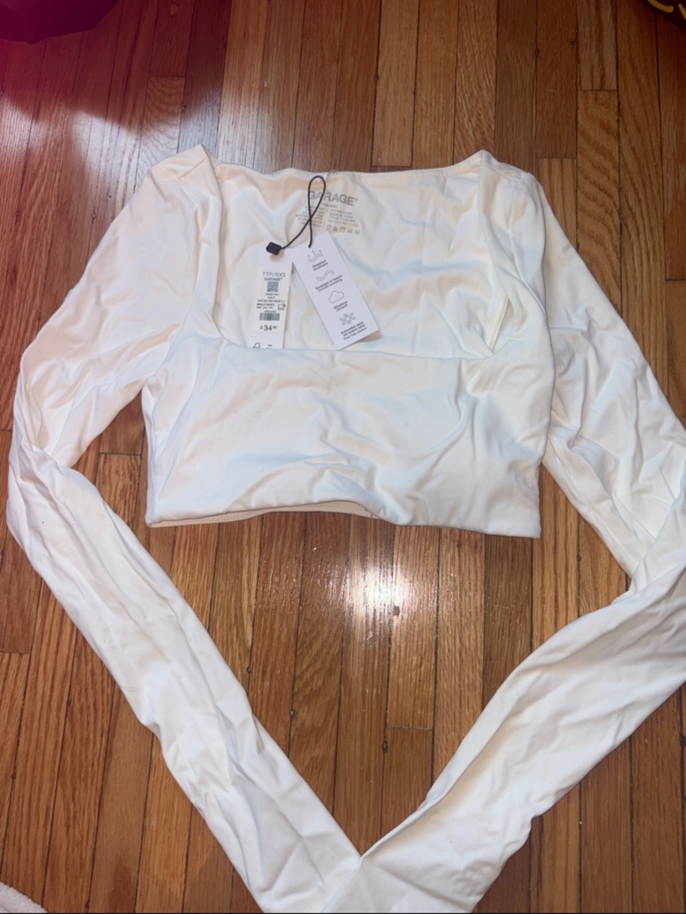 Garage White Long Sleeve Square Neck Crop Top - Fitted